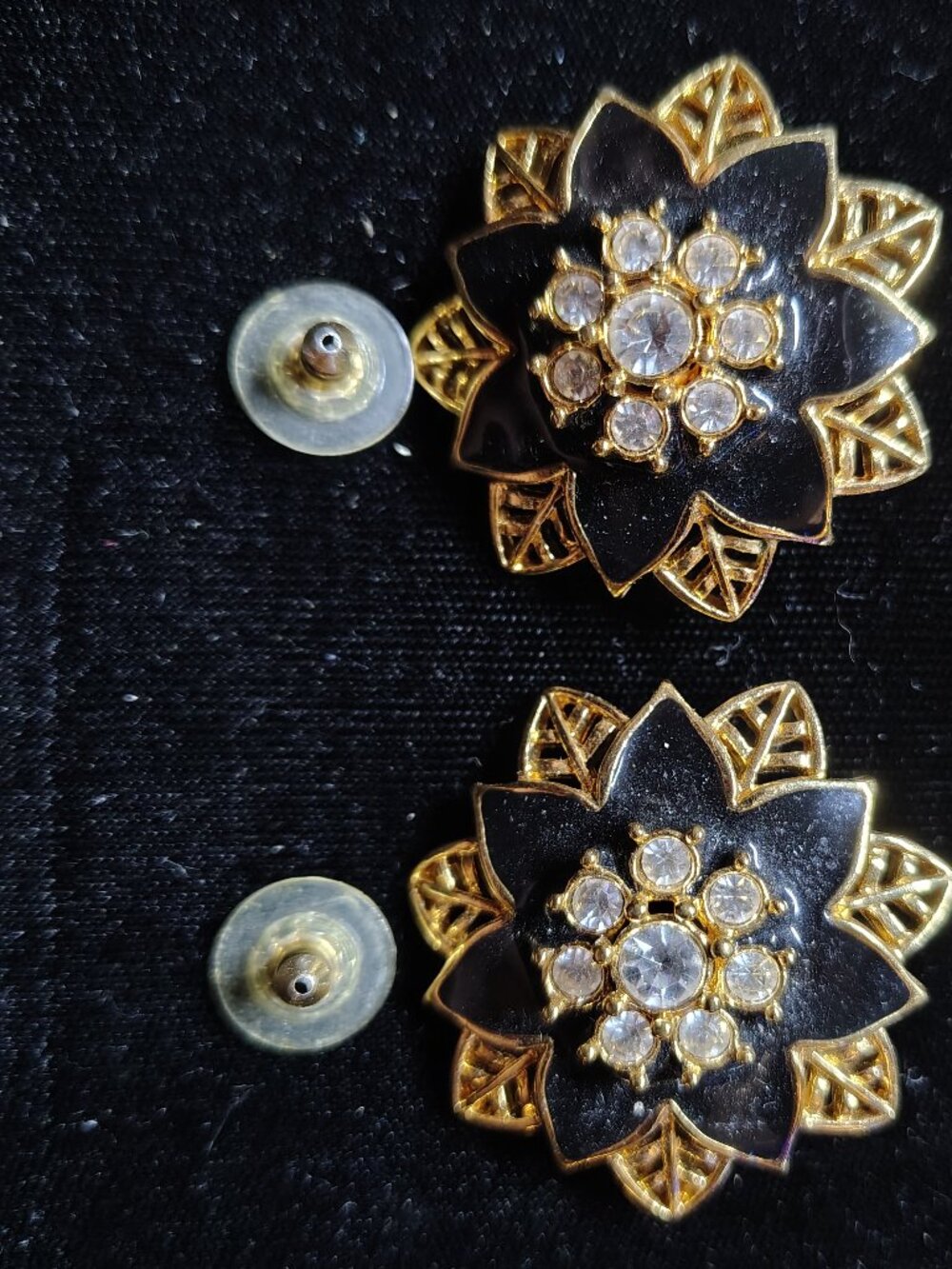 Vintage 90s Avon Festive Sparkle Black Enamel Gold Rhinestone Earrings